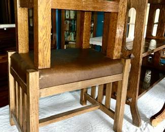 Two Arts & Crafts foot stools and shelf with magazine rack slanted top