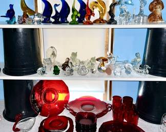 Mid-century modern Glass animals, ruby elegant depression glass