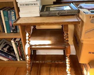 Vintage side table, many antique, vintage & modern books