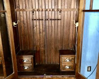 Inside view of vintage pine gun cabinet 