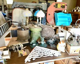 Antique small table lamps, misc. cast iron, metal, wooden collectibles