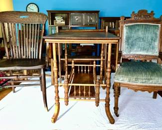 Two antique chairs, antique parlor table