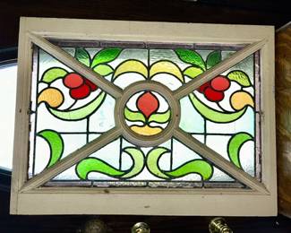 Antique stained glass window, hairline glass cracks