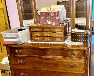 Antique dresser w/ mirror, serpentine top drawer, small antique 9 drawer wooden library chest, vintage jewelry boxes