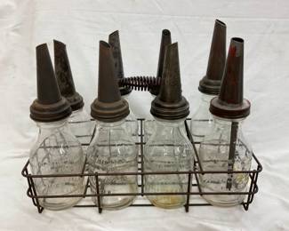OIL RACK W/ GLASS J RHODES CO. BOTTLES