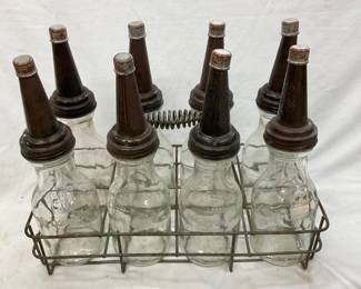 OIL RACK W/ 8 GLASS OIL BOTTLES W/ CAPS