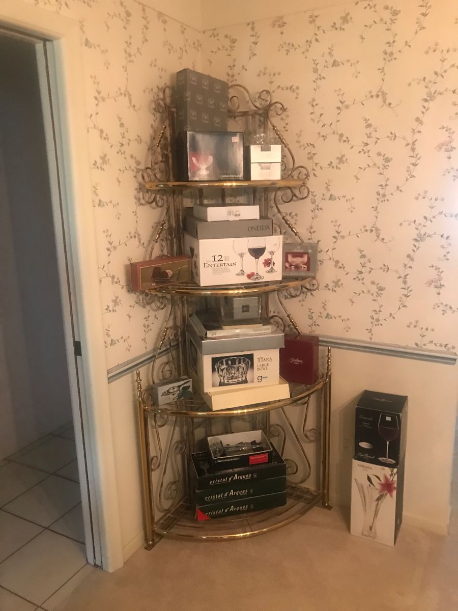 Lovely corner bakers rack with new in the box crystal and other pieces perfect for entertaining!