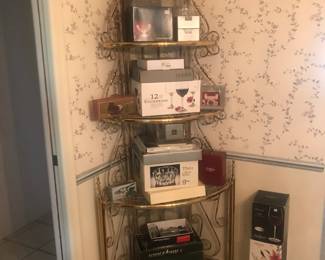 Lovely corner bakers rack with new in the box crystal and other pieces perfect for entertaining!