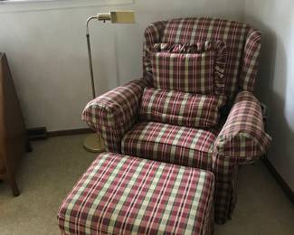 Comfy chair with matching ottoman and pillows!