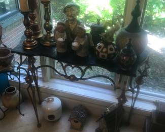 Slate topped table with some cute birdhouse underneath!