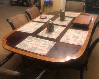 Stickley dining table with beautiful inlay, note the chairs do need recovering!