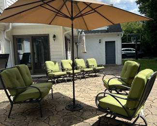 Outdoor Patio Set -  Cast iron frames and green Sunbrella cushions. Solefin Umbrella 