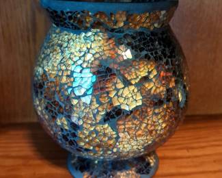 Mosaic Vase, Hand Made Baskets, Vintage Travertine Desktop Curio Ball, 6", And Decoupaged Egg And More, Contents Of 2 Shelves