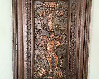 HAND CARVED WOOD FRAME WITH COPPER MYTHICAL FIGURES 