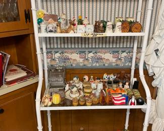 COLLECTION OF SALT AND PEPPER SHAKERS/ BAKERS RACK