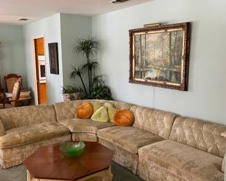 MCM CURVED VELVET SOFA  4 SECTIONS AND OCTAGON COFFEE TABLE