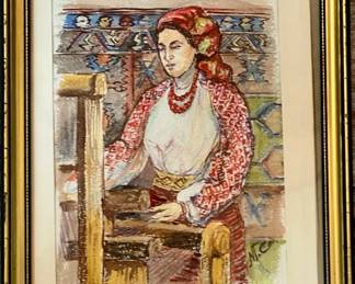 Watercolor of A Russian Woman Weaving
Signed with Initials