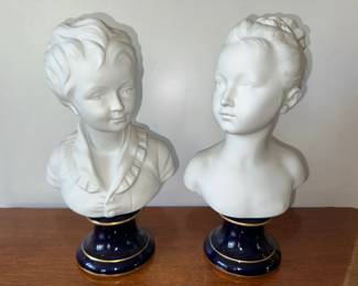 C. Tharaud Limoges Busts, Boy & Girl on Cobalt Bases