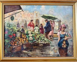 Signed Illegibly
Farmer's Market
Mid-Century Oil on Canvas