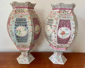 Pair Chinese Export Famille Rose Porcelain Wedding Lamps
