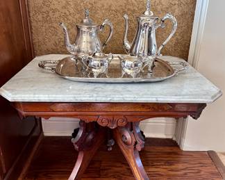 Sweet Eastlake Marble Top Table - Silverplate Tea Service 