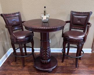 Heavy Carved Wood Pub Table #2 with Two Swivel Pub Stools