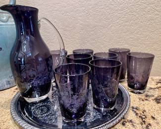 Amethyst Art Glass Pitcher and Tumblers