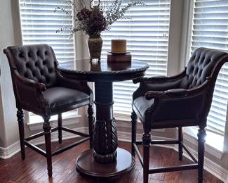 Heavy, Carved Wood Pub Table with Two Arm Stools