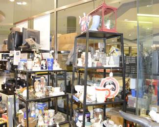 Displays, Glass shelves, lots of antique and vintage glassware, mugs, glasses, bowls, etc.