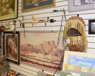 Indian Artwork, Peace pipe, Indian Baby Carrier Bow and Arrow