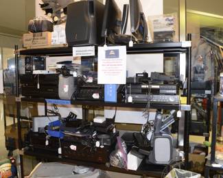 Electronics, Microphone, wireless mic systems, Photo enlarger, Speakers, battery backup, amps, Projector, professional power strip for shop, cables, microphone cables