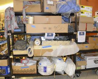 Water absorbers, Protective clothes for painting, Cash Register, box of masks and protective gear, rope, Battery Backup, Satellite Dish, Masking Tape, Light Bulbs new in box, Smoker, Box of Medium Gloves, Paint, Cutoff Disks small and Large, Bandages, fryer, chain, rug, 