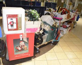 Holiday items, Animated snowman and Santa, Many boxes of holiday items new in box ornaments, Base Ball Hats. 