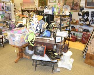 Singer Sewing Machine, Basket Ball, Chess Set, McDonald Toys, End Table, Glass Shelf Display, Column, Small Christmas tree, ornaments, glass wear, antiques, Clocks  