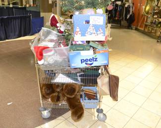 Holiday items, $5 - $20 a box, wire cart, Purses