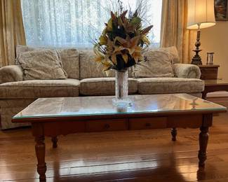 Hardrock Maple coffee table and end tables in excellent condition along with well-maintained couch, brass lamps with silk shades, curtains, and more!