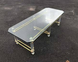 Charles Hollis Jones Lucite, Brass and Glass Coffee Table