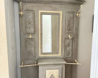 Hand Painted and Carved Hall tree Mirror with Hooks