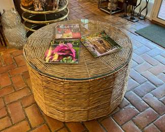 Round Weaved Seagrass Coffee Table with Glass Top