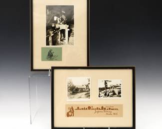 Two framed early 20th century Jugtown Pottery photographs.  One depicting the early log sales shop and outdoor kiln above a lithographed "Jugtown Pottery, Steeds, N.C." label, the other depicting Ben Owen making a pot c. 1923 above a etched drawing titled "Marthy Jane (Martha Jane Owen) Making Salt-Shakers".  Mounted on paper backgrounds with some toning and foxing.  Images up to 4 1/2 x 6 1/2" high, in painted frames with minor damage, 9 1/2 x 12 1/2" high overall (vertical and horizontal).  ESTIMATE $25-50