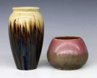Two early 20th century Fulper Art Pottery vases.  Includes a baluster vase with Tan and Brown/Blue drip glaze and a rose bowl with Mauve and Brown matte glaze.  Molded or painted "Fulper" marks.  Smaller vase with minor surface wear and tiny burst air bubbles from production.  6 1/2" and 6 3/4" high.  ESTIMATE $100-150
