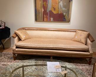 Raw silk custom covered sofa, La barge brass and chrome coffee table, Liz Gribbin Original oil painting 