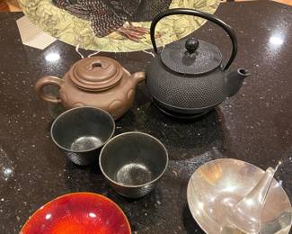 Iron tea pot, enamel, pewter and more