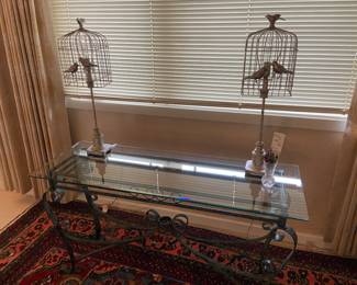 Iron and Glass Console Table and a Pair of Bird Cage Lamps