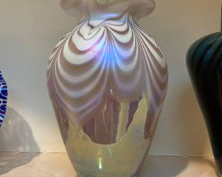 Opalescent Feathered Glass Vase, Signed