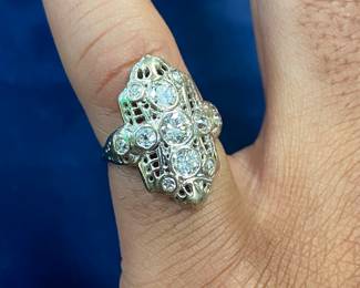 Antique Platinum Filigree and Mine Cut Diamond Ring