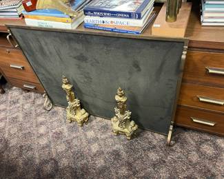 Ornate Andirons w/matching Fire Screen