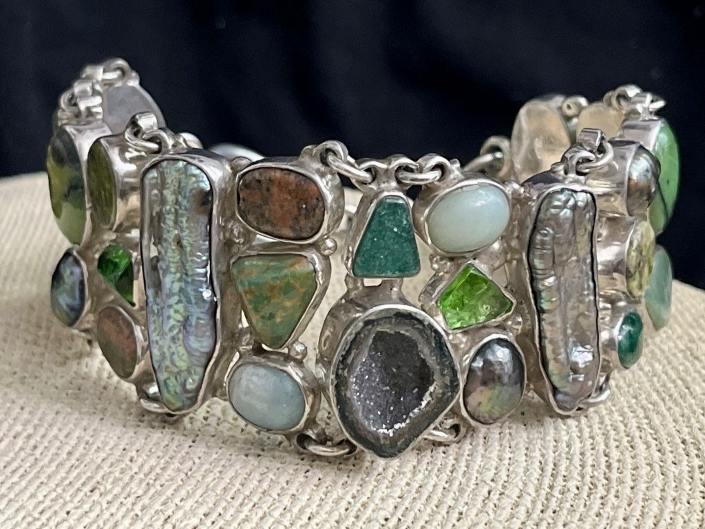 Sterling Silver Bracelet w/ Turquoise, Pearls,
Druzy Crystal, and Other Stones 74.12g 8in