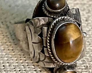 Vtg Sterling Silver Poison Ring w/ Tiger Eye Sz 7