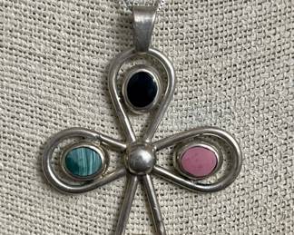 Sterling Silver Cross Necklace w/ Semi Precious Stones 21.53g 18in Chain